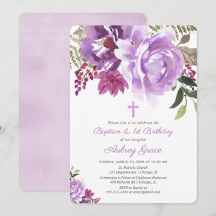 Convite Batismo floral roxo 1rua primeiro aniversário