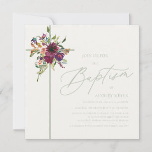 Convite Batismo Floral Verde Suave e Borgonha Verde