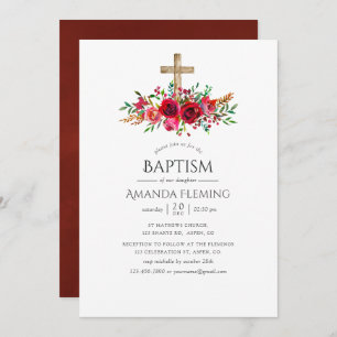Convite Batismo Floral Vermelho Borgonha ou Christening