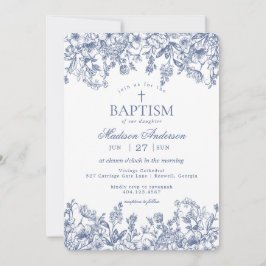 Convite Batismo Floral Vintage Chinoiserie Azul