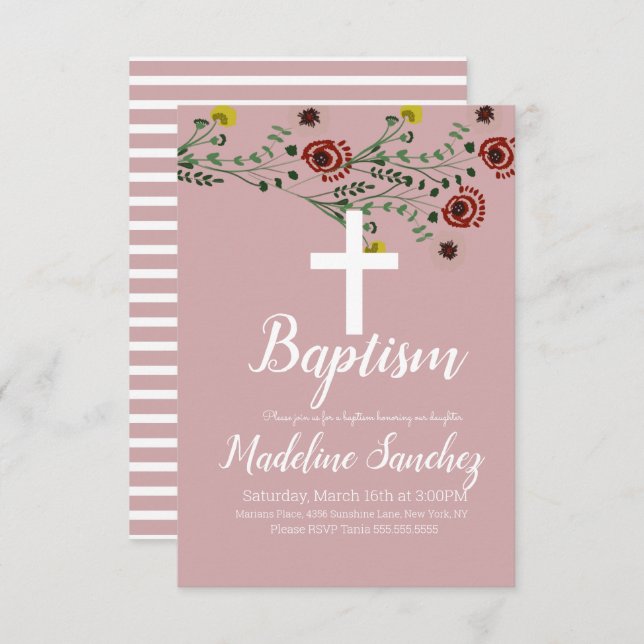Convite Batismo Floral Vintage Dedicação Christening (Frente/Verso)