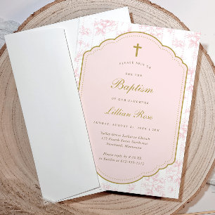 Convite Batismo Floral Vintage Menina Cruz Dourada