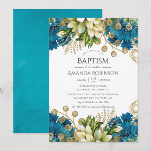 Convite Batismo Floral Vintage Turquesa e Dourado