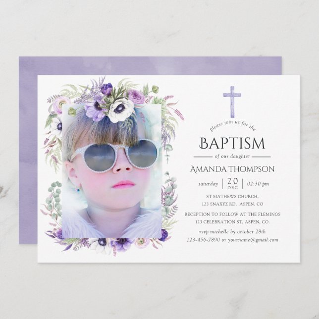 Convite Batismo Floral Violet Dusty ou Christening (Frente/Verso)