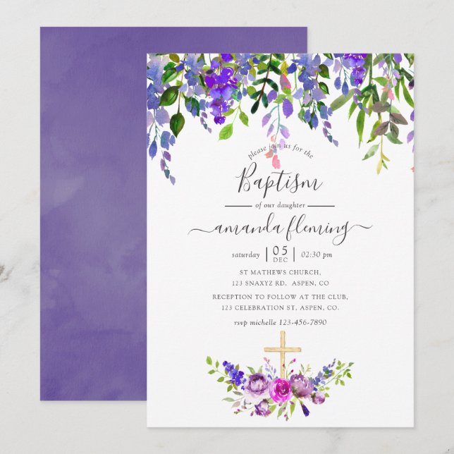 Convite Batismo Floral Violeta Aquarela (Frente/Verso)