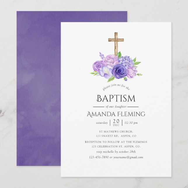 Convite Batismo Floral Violeta Ultra ou Batizado (Frente/Verso)