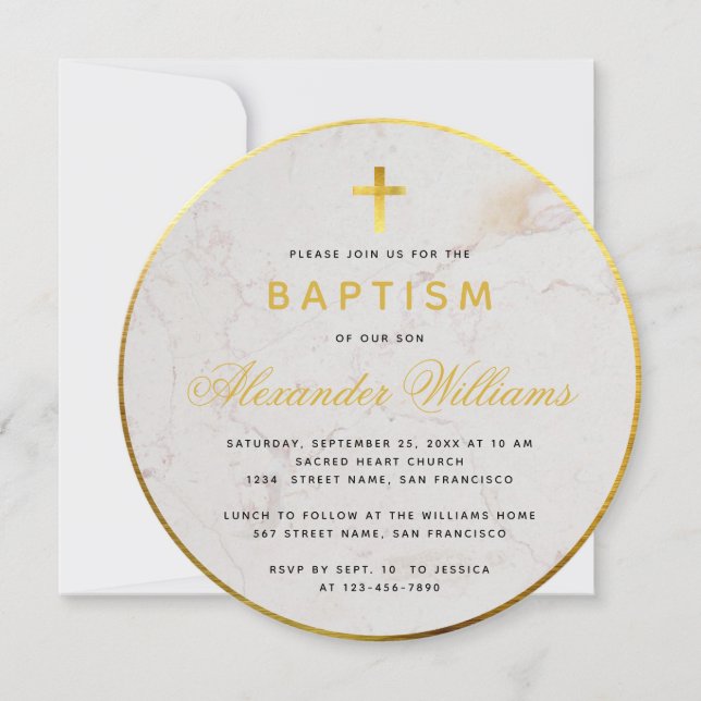 Convite Batismo Folha Dourada Falsa Mármore Caligrafia Red (Frente)