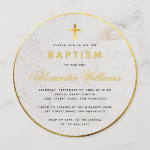 Convite Batismo Folha Dourada Falsa Mármore Caligrafia Red