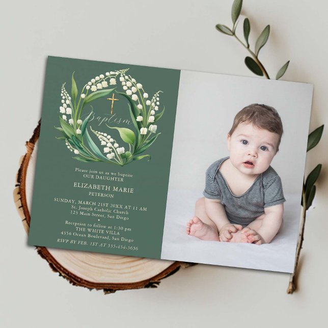 Convite Batismo Formal Dourado de Foto Chic em Lily Valley (baptismal invitation child toddler baby baptism christening lily valley floral wreath elegant classy)