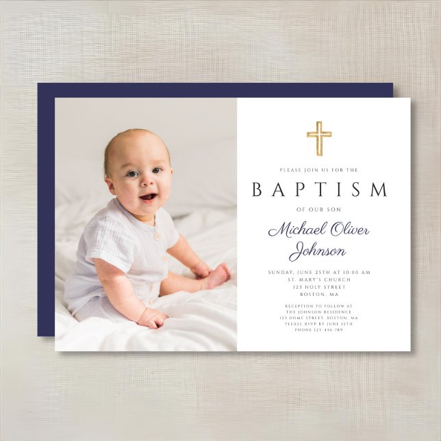Convite Batismo Foto Menino Cruz Escrita Azul Marinho (Navy Blue Script Cross Boy Photo Baptism Invitation)