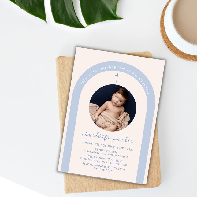 Convite Batismo Fotográfico Cruzado com Arco Boho Neutro p (Blue Gender Neutral Boho Arch Cross Photo Baptism Invitation)