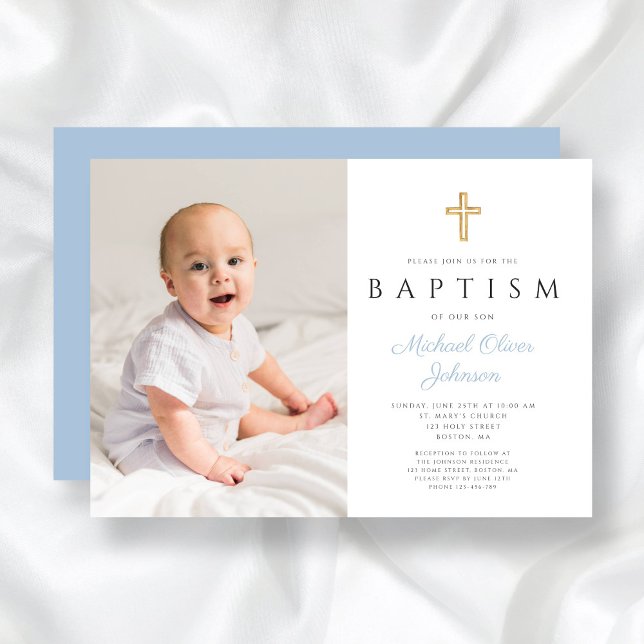 Convite Batismo Fotográfico Cruzado de Criança Azul Modern (Modern Baby Blue Script Cross Boy Photo Baptism Invitation)