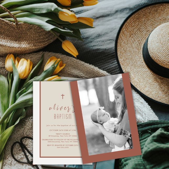 Convite Batismo Fotográfico da Cruz Moderna do Tom Tone (Earth Tone Modern Cross Christening Photo Baptism Invitation)