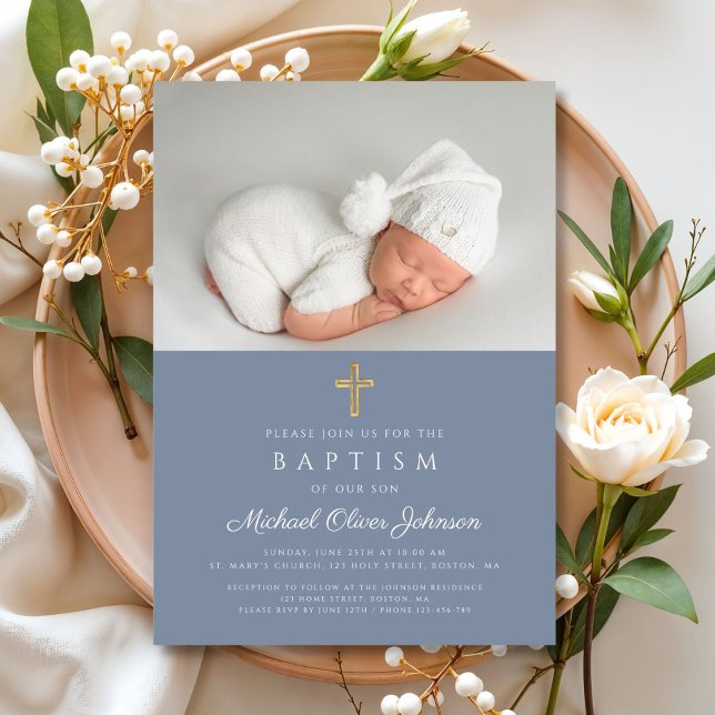 Convite Batismo Fotográfico de Cristo Cruzado Religioso Du (Dusty Blue Religious Cross Boy Photo Baptism Invitation)