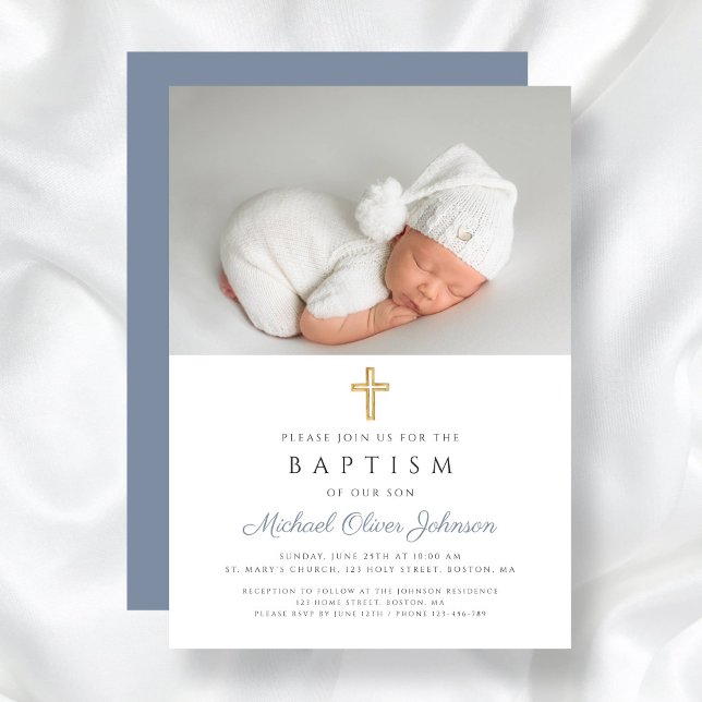 Convite Batismo Fotográfico de Cristo Cruzado Religioso Du (Dusty Blue Religious Cross Boy Photo Baptism Invitation)