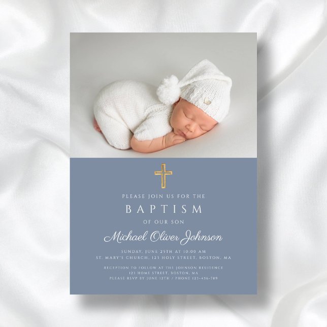 Convite Batismo Fotográfico de Cristo Cruzado Religioso Du (Dusty Blue Religious Cross Boy Photo Baptism Invitation)