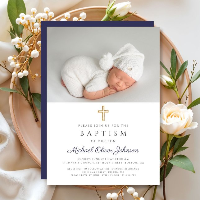 Convite Batismo Fotográfico de Cruz Religiosa Azul do Mari (Navy Blue Religious Cross Boy Photo Baptism Invitation)