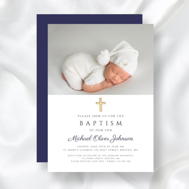 Convite Batismo Fotográfico de Cruz Religiosa Azul do Mari (Navy Blue Religious Cross Boy Photo Baptism Invitation)