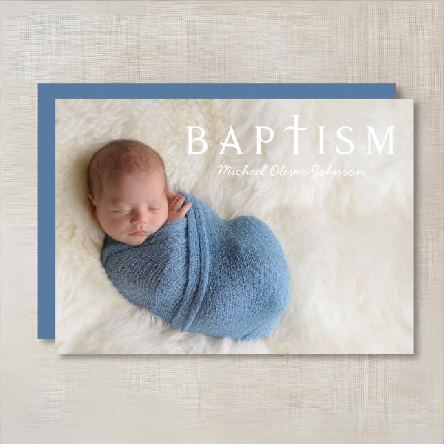 Convite Batismo Fotográfico de Cruz Religiosa Azul Moderno (Modern Blue Religious Cross Photo Boy Baptism Invitation)