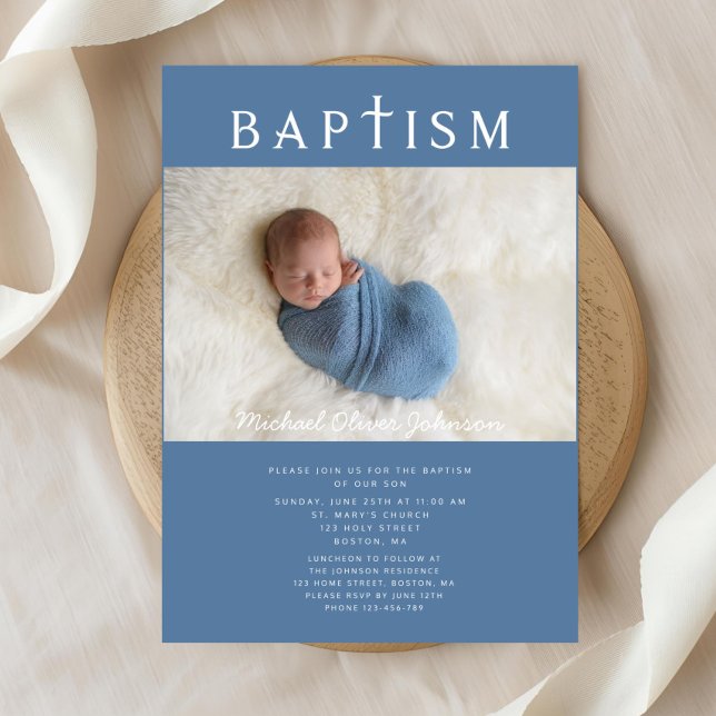 Convite Batismo Fotográfico de Cruz Religiosa Azul Moderno (Modern Blue Religious Cross Photo Boy Baptism Invitation)