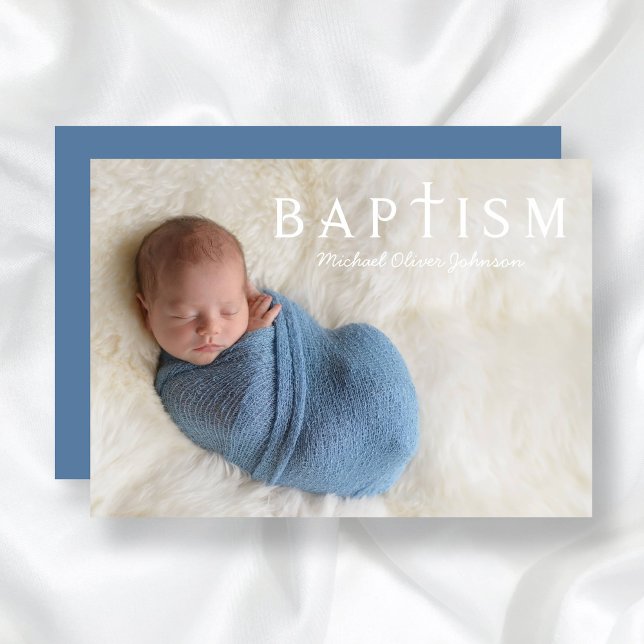 Convite Batismo Fotográfico de Cruz Religiosa Azul Moderno (Modern Blue Religious Cross Photo Boy Baptism Invitation)