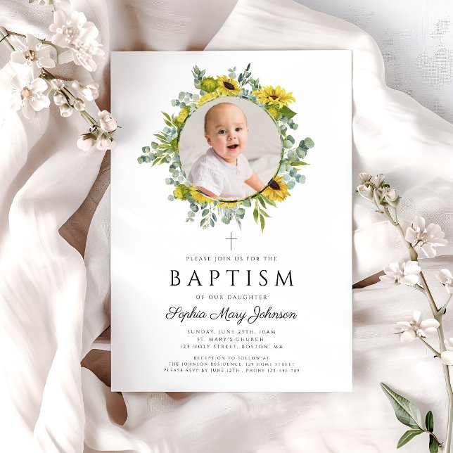 Convite Batismo Fotográfico de Girassóis Florais Elegante (Elegant Floral Sunflowers Girl Photo Baptism Invitation)