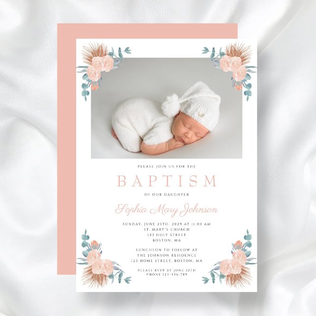 Convite Batismo Fotográfico de Menina Floral Rosa (Pink Floral Elegant Girl Photo Baptism Invitation)