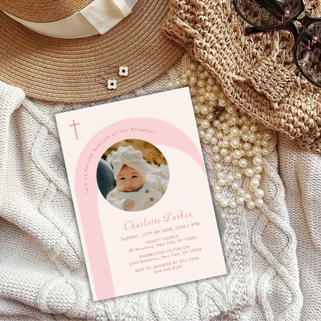 Convite Batismo Fotográfico de Rapariga de Arco Moderno Ro (Pink Modern Boho Arch Cross Girl Photo Baptism Invitation)