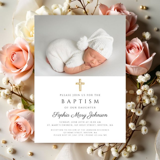 Convite Batismo Fotográfico de Rapariga Religiosa Elegante (Elegant Religious Cross Girl Photo Baptism Invitation)
