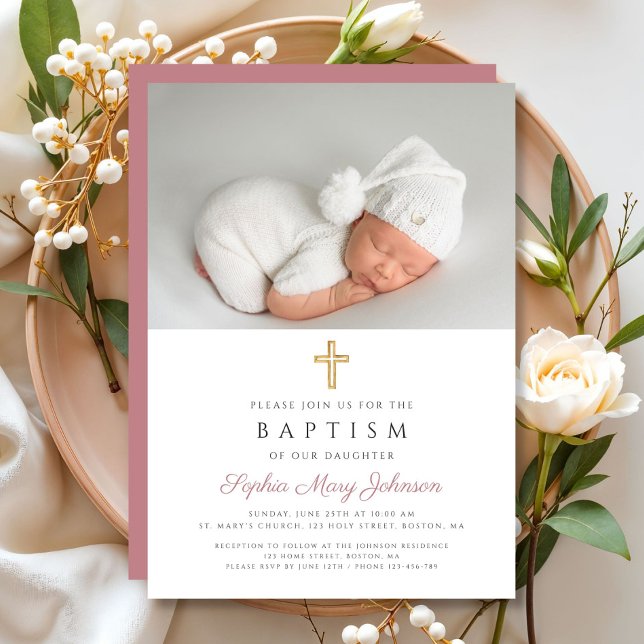 Convite Batismo Fotográfico de Rapariga Religiosa Rosa Ele (Elegant Pink Religious Cross Girl Photo Baptism Invitation)