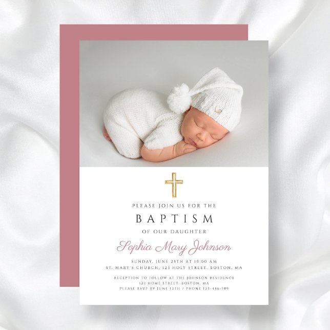 Convite Batismo Fotográfico de Rapariga Religiosa Rosa Ele (Elegant Pink Religious Cross Girl Photo Baptism Invitation)