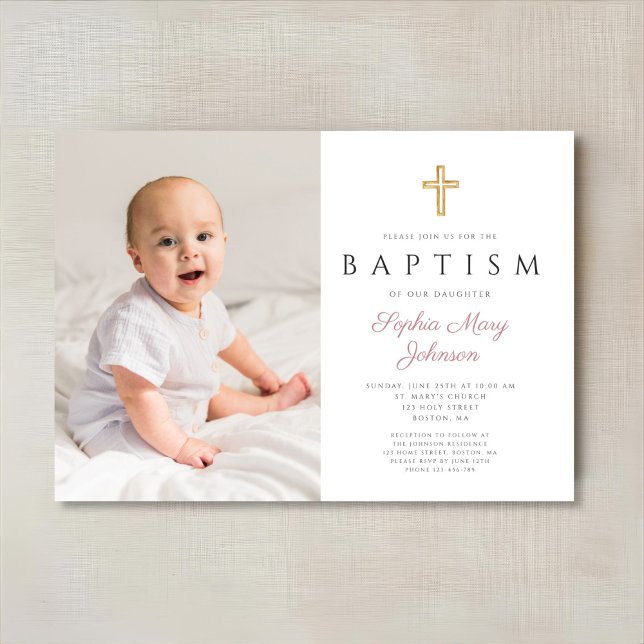 Convite Batismo Fotográfico de Rapariga Rosa Moderno (Modern Pink Script Cross Girl Photo Baptism Invitation)