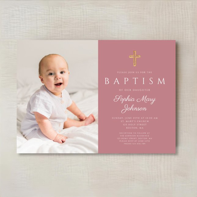 Convite Batismo Fotográfico de Rapariga Rosa Moderno (Modern Pink Script Cross Girl Photo Baptism Invitation)