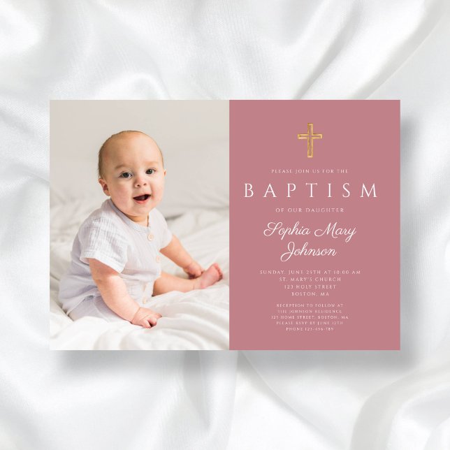 Convite Batismo Fotográfico de Rapariga Rosa Moderno (Modern Pink Script Cross Girl Photo Baptism Invitation)