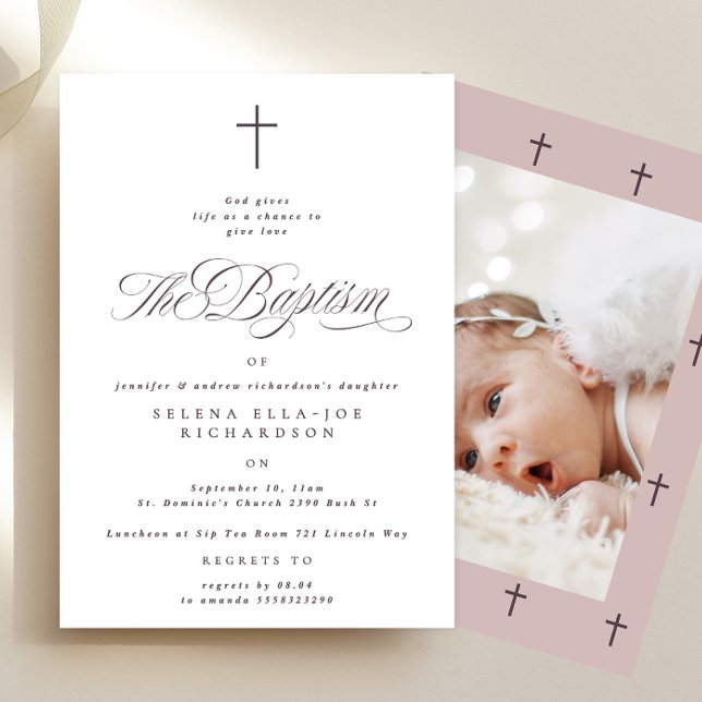 Convite Batismo Fotográfico de Taupe Cruzado Roxo (Criador carregado)