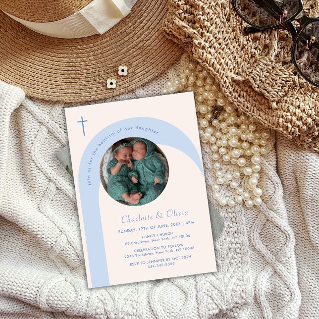 Convite Batismo Fotográfico do Arco de Boho Azul Moderno (Modern Blue Beige Boho Arch Photo Cross Baptism Invitation)