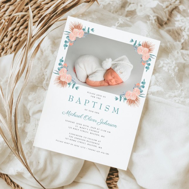 Convite Batismo Fotográfico do Elegante Verde Floral (Green Floral Elegant Boy Photo Baptism Invitation)
