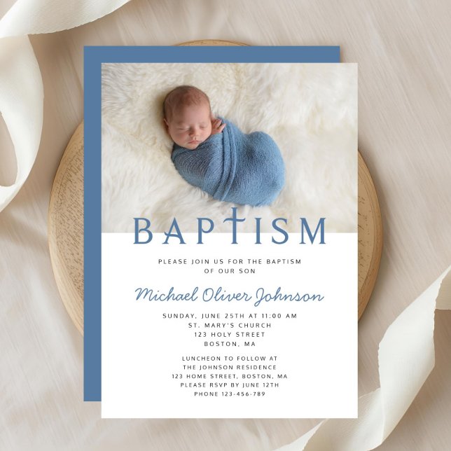 Convite Batismo Fotográfico do Menino Elegante Moderno (Religious Cross Blue Photo Boy Baptism Invitation)