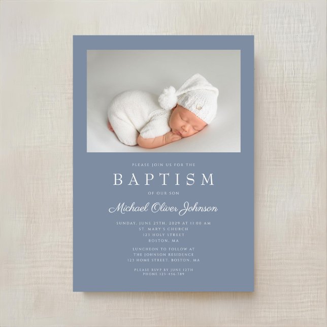 Convite Batismo Fotográfico do Rapaz Moderno Dusty Blue (Dusty Blue Modern Boy Photo Baptism Invitation)