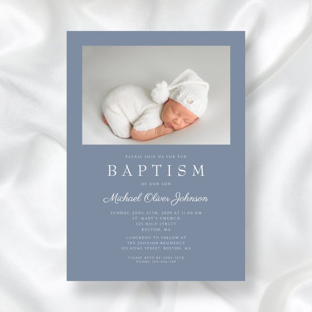 Convite Batismo Fotográfico do Rapaz Moderno Dusty Blue (Dusty Blue Modern Boy Photo Baptism Invitation)