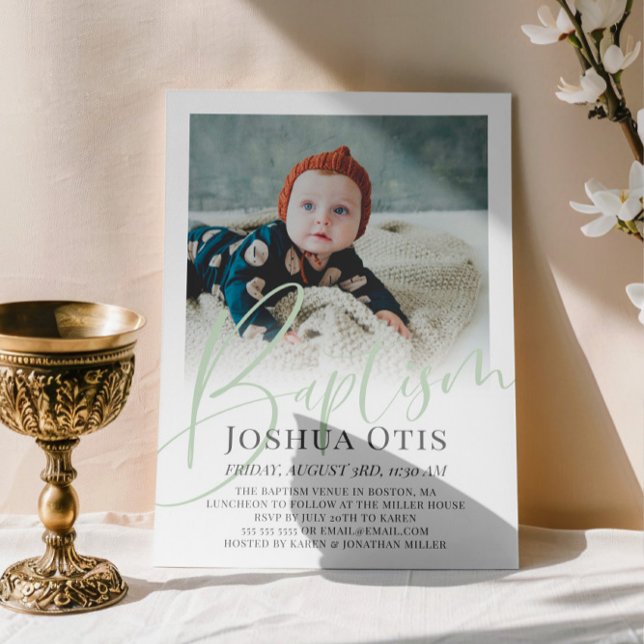 Convite Batismo Fotográfico do Script Verde Sage (Criador carregado)