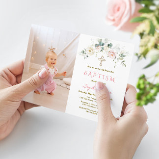 Convite Batismo Fotográfico Dourado Floral Rosa Branco Chi