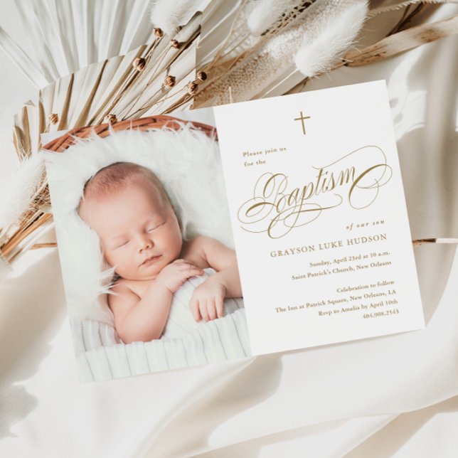 Convite Batismo Fotográfico Dourado neutro da caligrafia E (Elegant calligraphy baby photo baptism invitation.)