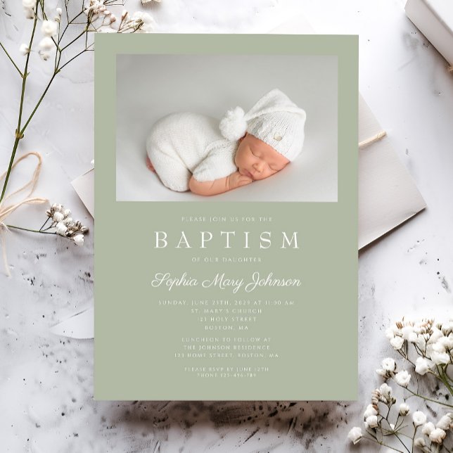 Convite Batismo Fotográfico Moderno Verde Sage (Sage Green Modern Photo Baptism Invitation)