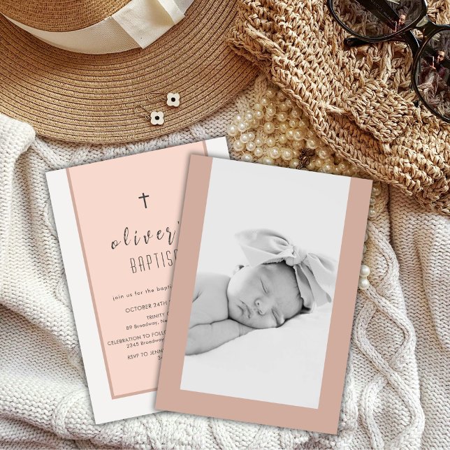 Convite Batismo Fotográfico Neutral Moderno (Modern Neutral Cross Christening Photo Baptism Invitation)
