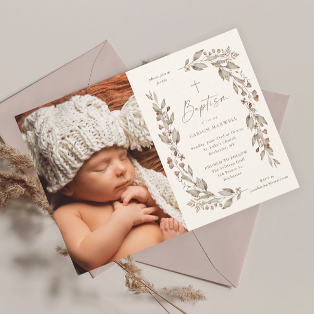 Convite Batismo Fotográfico neutro de Boho Wildflower (Boho wildflower elegant ivory gender neutral photo baptism invitation.)