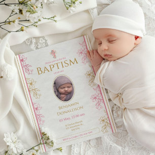 Convite Batismo Fotográfico Personalizado Floral Dourado R
