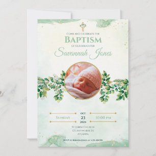 Convite Batismo Fotográfico Personalizado Floral Verde Ele