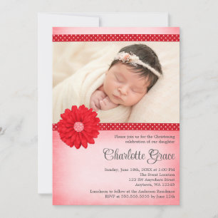 Convite Batismo Fotográfico Red Daisy Sparkle Christening