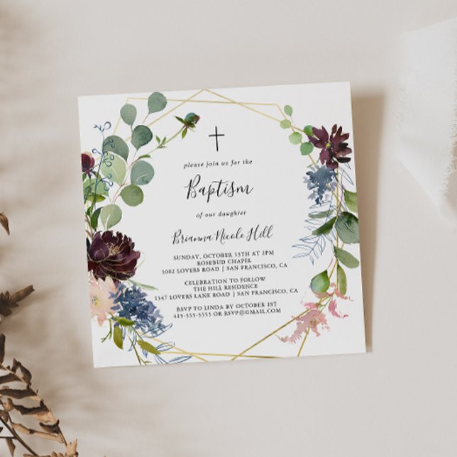 Convite Batismo geométrico Dourado da Borgonha (Criador carregado)